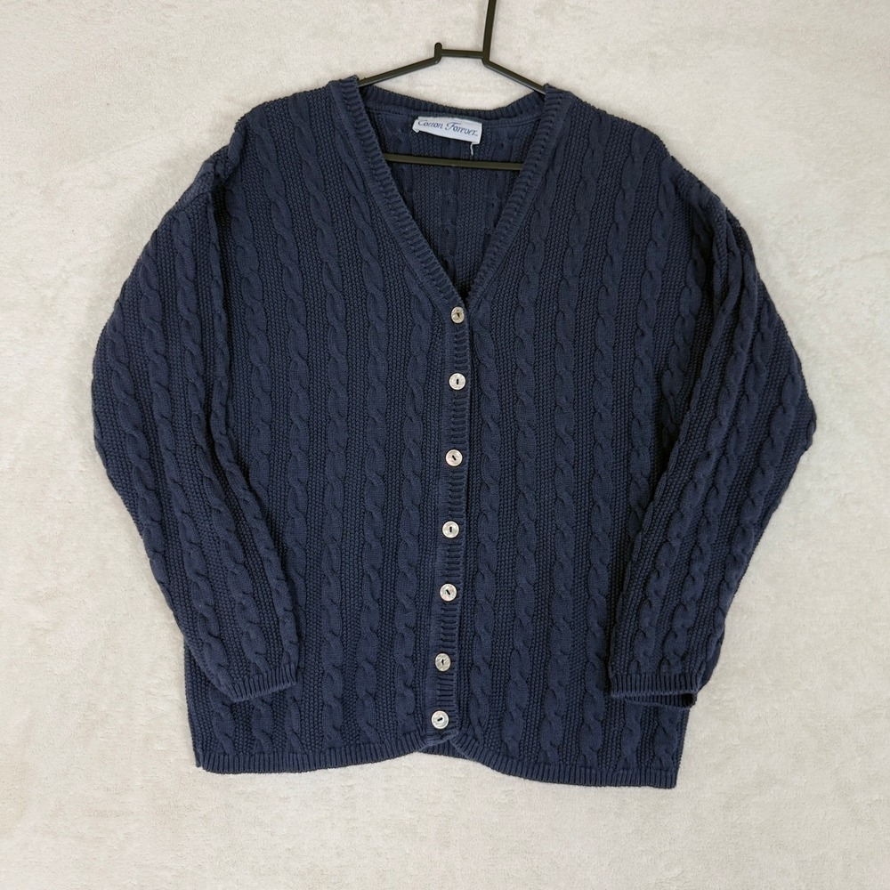 Cotton Forever Navy Blue Cable Knit V Neck Button Up Cardigan Womens M Preppy